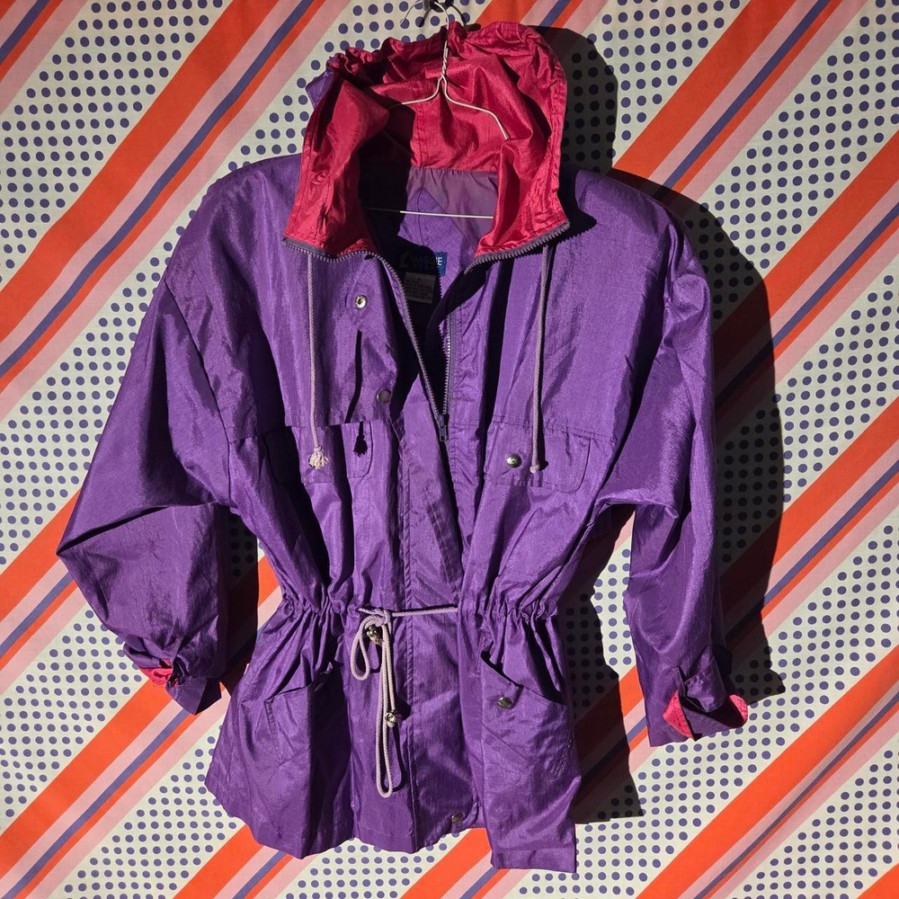 Vintage 1980s Maggie Sport Purple Hooded Jacket Retro Mod Shoulder Pads Medium